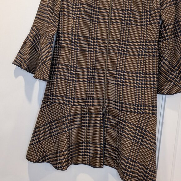 CAbi Tartan Flounce Jacket Tan Navy Ruffle Zipper Longline - Women's sz S /M - Picture 4 of 7